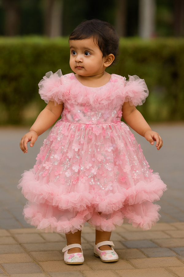 Mint Blossom Fairy Frock – 3D Floral Party Dress for Baby Girls
