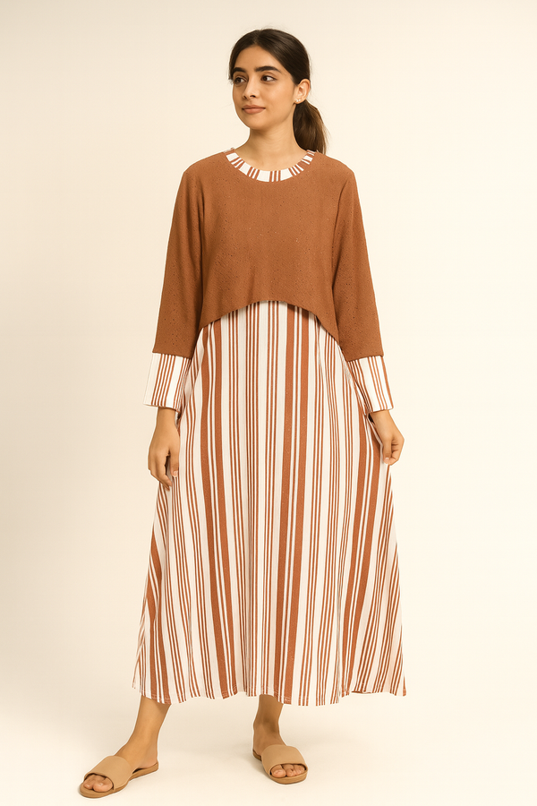 Striped Serenity – Modest A-Line Dress with Knit Overlay (China Jersey Fabric)