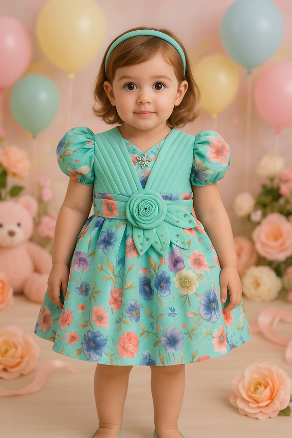 Rosy Garden Princess Frock – Floral Puff Sleeve Party Dress