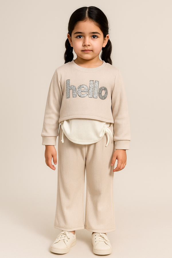 Khan Apparel – “Hello” Premium Ribbed 2-Piece Set for Kids (1–11 Years)